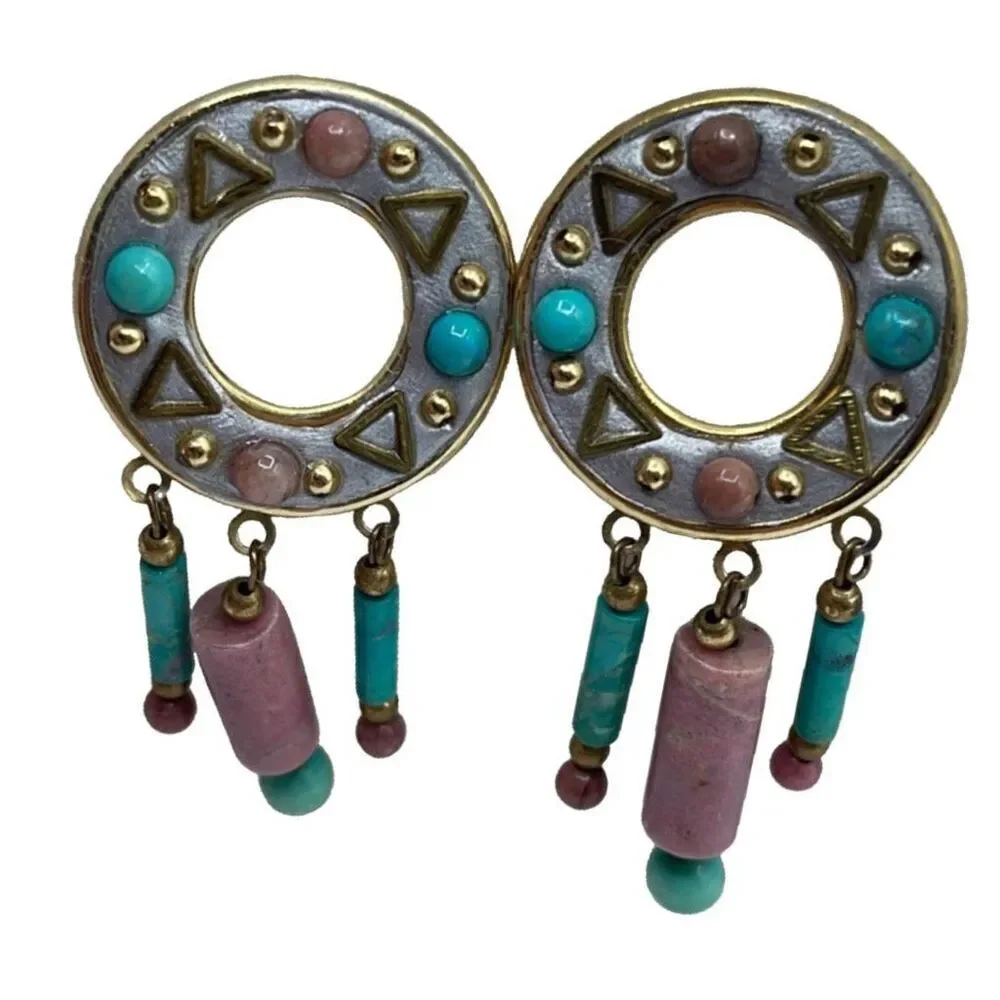Vintage boho Aztec ethnic dangle beaded fringe earrings